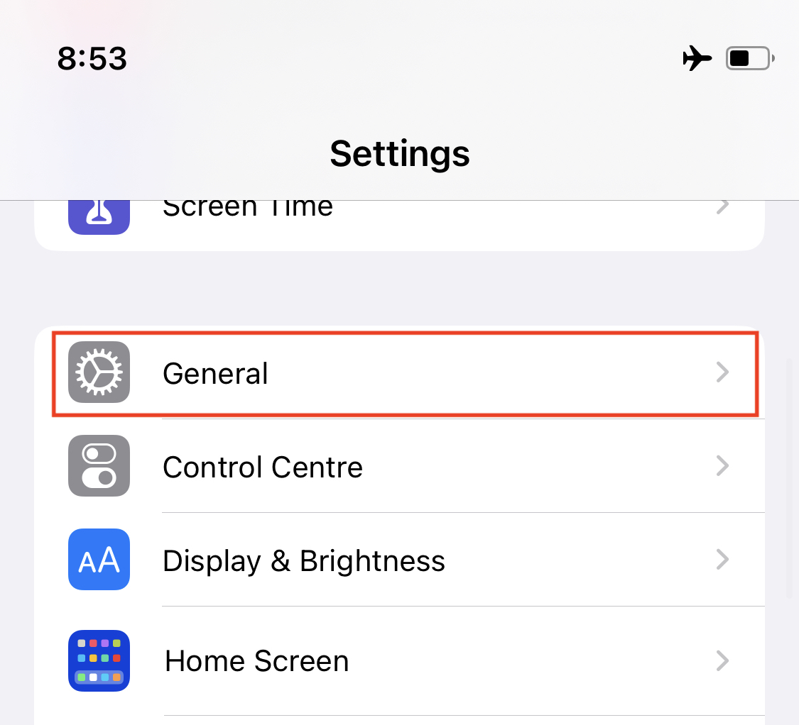 iPhone menu General Tab